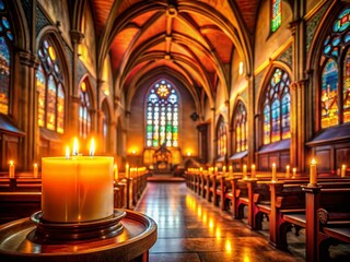 Fototapeta premium Serene Church Interior: Soft Candlelight Glow, High Depth of Field Stock Photo