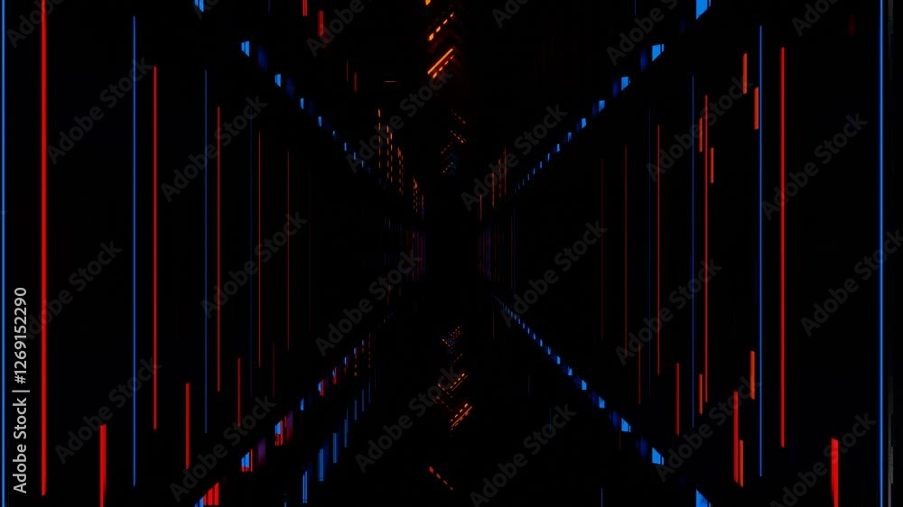 Poster endless forward movement inside gloomy dark fantasy corridor with flashing red and blue lights. 3d r