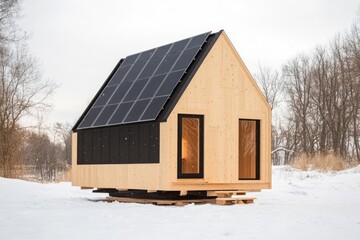 Eco-Friendly Tiny House in Snowy Landscape with Solar Panels