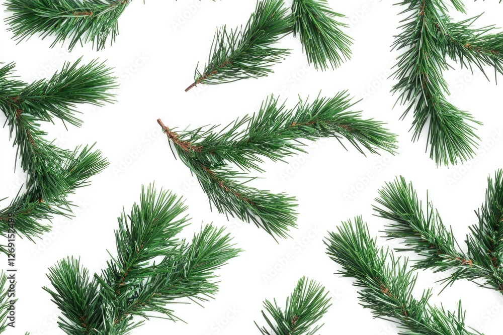 Poster close-up shot of a bunch of pine branches arranged on a white surface
