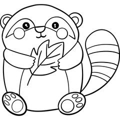 Cute raccoon holding a leaf, outlined for coloring.