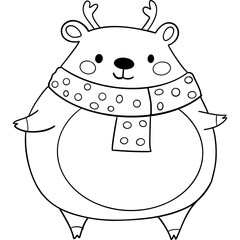 Cute dear wearing a scarf with antlers, cartoon style. outline for coloring.