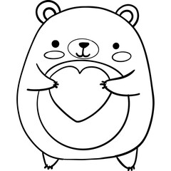 Cute bear holding a heart in a cartoonish style. outline for coloring.