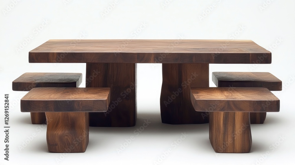 Poster a modern dining table set, highlighting clean lines and a balanced design for a sophisticated space.