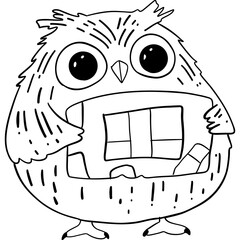 Cartoon owl holding a box with big eyes and a fluffy body. outline for coloring.