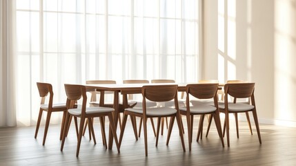 A modern dining table with matching chairs in a bright, minimalist space, set against a neutral background.
