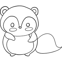 Cute cartoon raccoon character with a fluffy tail and big eyes. outline for coloring.
