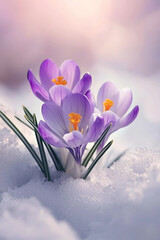 close up view on crocus flower blooming. Generative AI