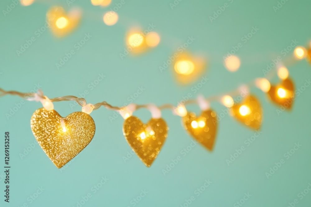 Poster a decorative string of lights with golden hearts hanging from it, suitable for romantic occasions or