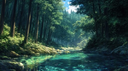 Obraz premium Enchanted Forest River: A Serene Digital Painting