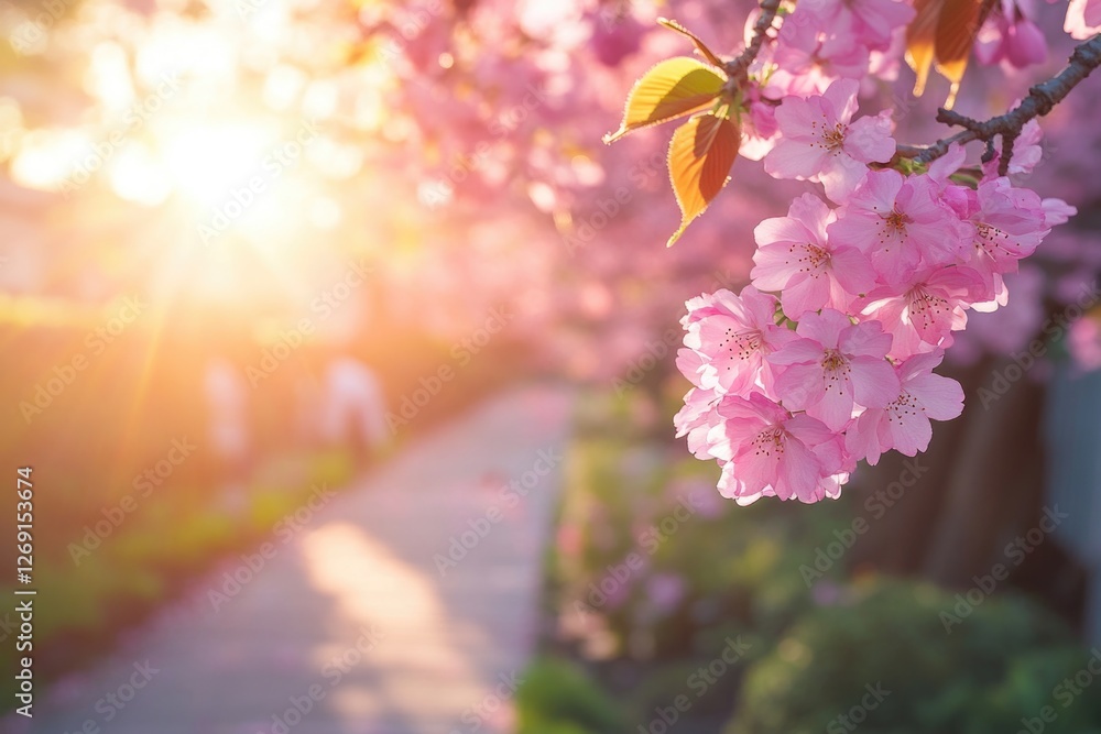 Poster a tree with vibrant pink flowers basking in warm sunlight, ideal for use in illustrations and design