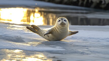 A baby harp seal sliding playfully across icy terrain, sun reflecting on snow
