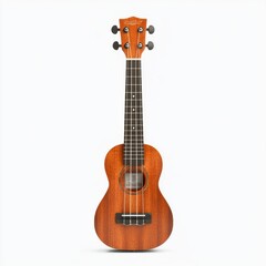 Fototapeta premium A beautifully crafted wooden ukulele with a rich brown finish, showcasing its fretboard and body design against a plain white background.