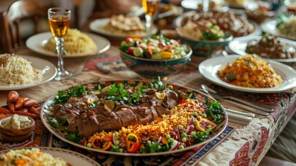 Fototapeta premium Table set with a variety of traditional Ramadan dishes