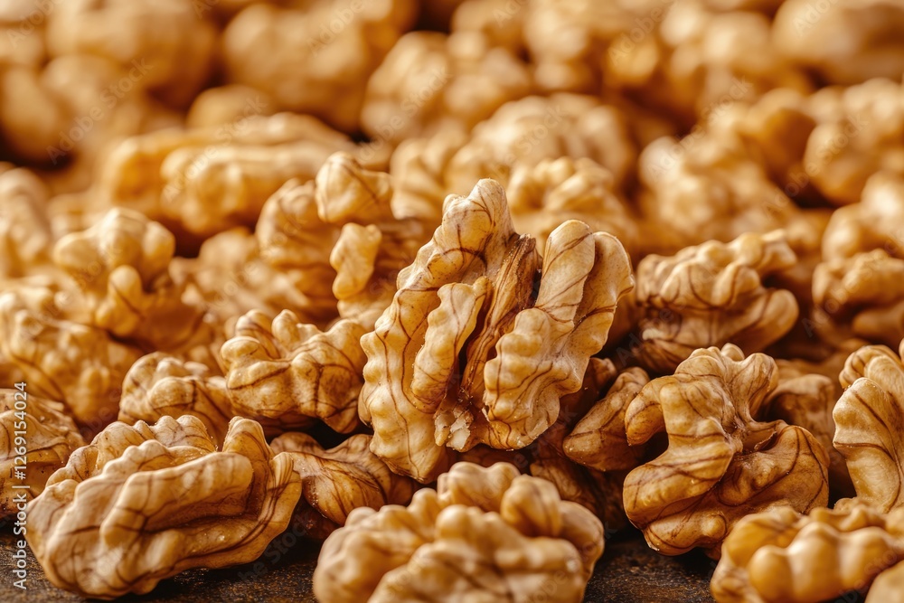 Poster a stack of walnuts placed on a table