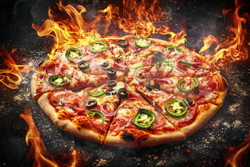 pizza in woodfired owen, flames and smoke. Generative AI
