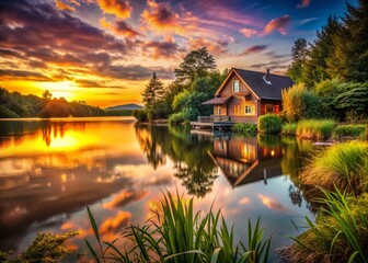 Obraz premium Serene Lakeside House 7: Breathtaking Sunset Landscape Photography