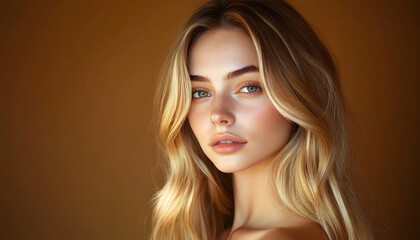 Fototapeta premium Close-up portrait of a young woman with long, soft blonde hair and calm expression, set against a warm brown background.