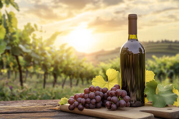 Fototapeta premium Wine bottle and fresh grapes , vineyard in background, mockup boards. Generative AI