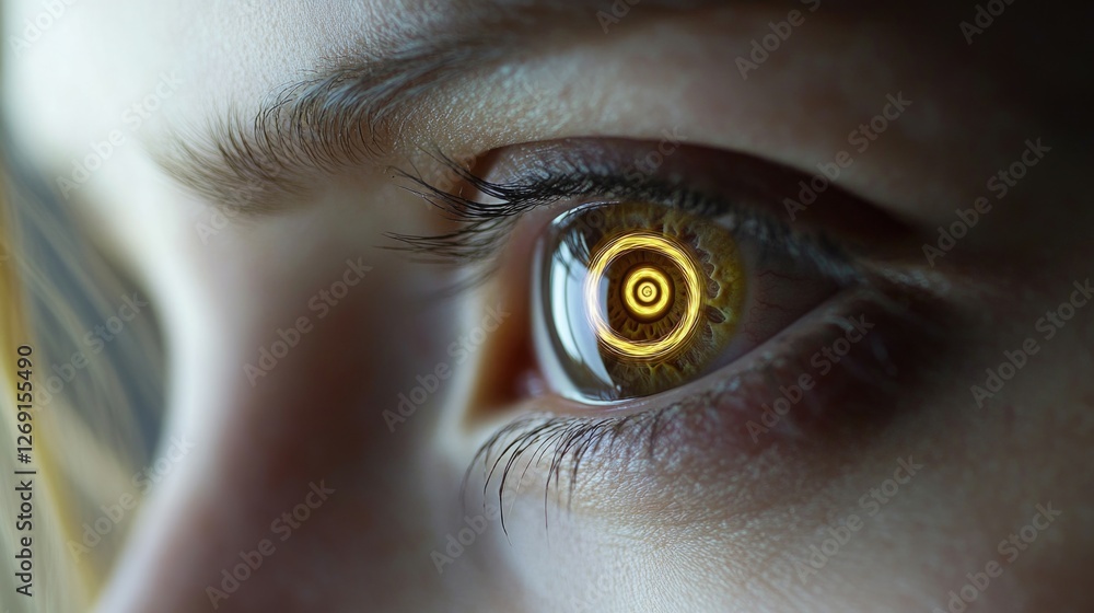 Poster a close-up shot of a person's eye with a glowing eye effect, ideal for use in fantasy or sci-fi illu