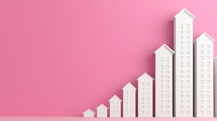 E-commerce growth needs online optimization. White buildings ascending in size against a pink background.