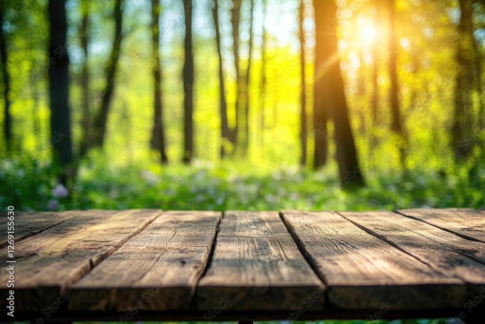 Poster a rustic wooden table surrounded by trees and foliage in a dense forest