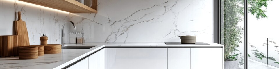 Modern kitchen interior featuring marble countertops and white cabinets