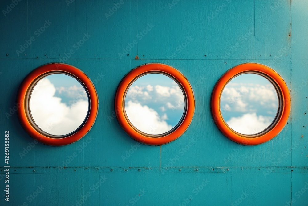 Poster a set of three round mirrors mounted on a blue wall with fluffy white clouds in the background, perf