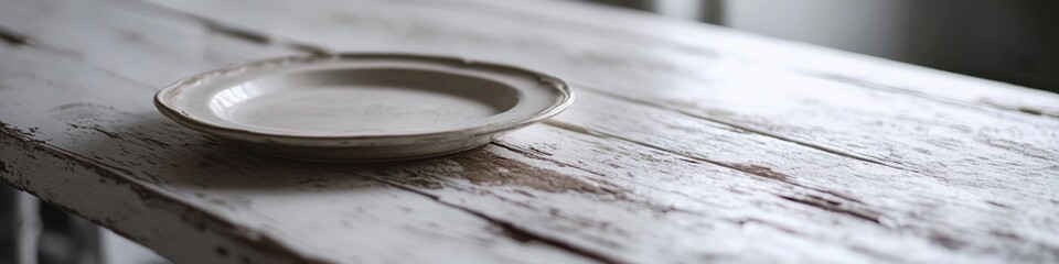 Fototapeta premium A simple still life setup featuring a white plate on top of a wooden table