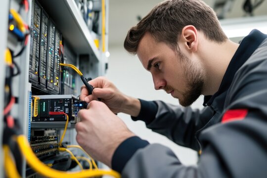 Man works on computer in a secure data center, suitable for tech or corporate use
