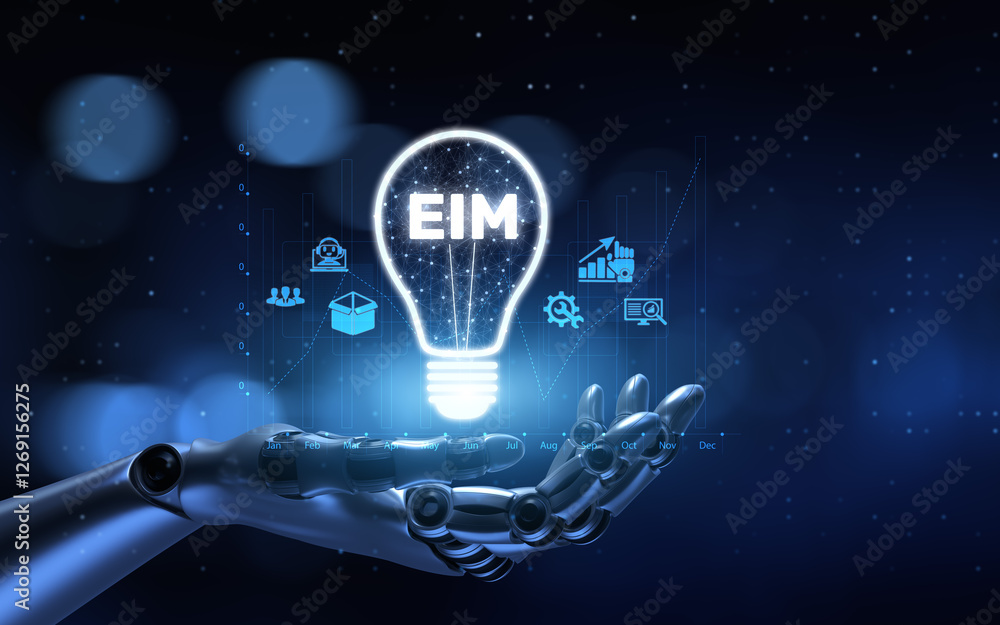 Poster eim enterprise information management illustrated with a robot hand pressing a button on a virtual s