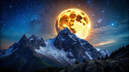 Serene Night: Majestic Full Moon over Silhouetted Mountains
