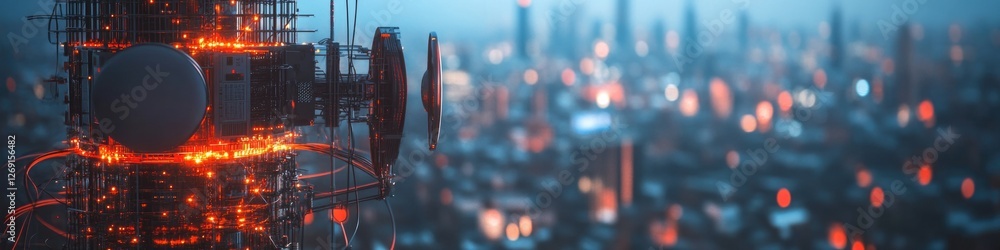 Poster a tall tower illuminated by multiple lights, suitable for use in cityscape or nighttime scenes