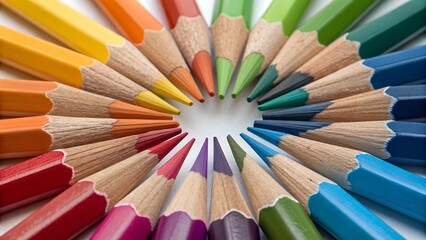 Naklejka premium Rainbow of Creativity: A vibrant collection of colored pencils arranged in a captivating heart shape, bursting with color and symbolizing the boundless potential of imagination and creativity.