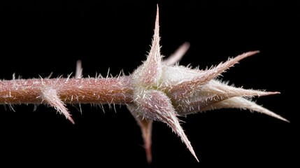 Thorny plant stem close-up, isolated on black; botanical study