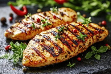A close-up of two grilled chicken breasts seasoned with herbs and pepper