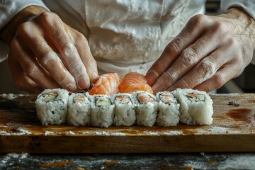 A close-up of a chef's hands preparing sushi