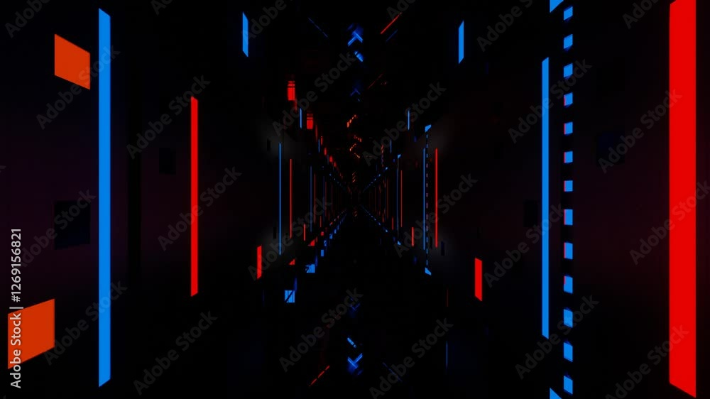 Poster endless forward movement inside gloomy dark fantasy corridor with flashing red and blue lights. 3d r