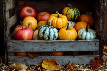A rustic wooden crate filled with colorful pumpkins and red apples, set against a backdrop of straw and autumn leaves, evoking a cozy fall atmosphere.