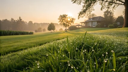 Morning Dew on the Estate: A picturesque sunrise illuminates a sprawling estate, dew-kissed grass in the foreground and a charming house nestled in the distance.