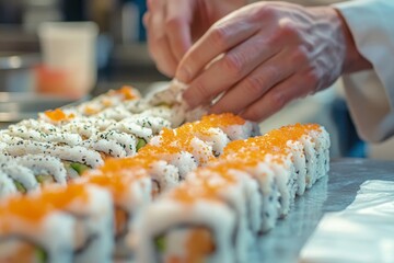 A close-up of a chef's hands preparing sushi