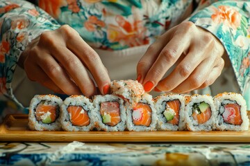 A close-up of a chef's hands preparing sushi