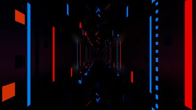 endless forward movement inside gloomy dark fantasy corridor with flashing red and blue lights. 3d render. looped animation