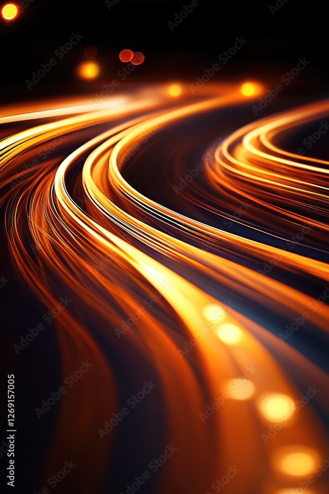 Poster a dark and blurred image of a road at night with cars passing by in the distance, perfect for use in
