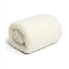 A rolled-up fluffy cream-colored towel on a white background, showcasing its soft texture and plush appearance.