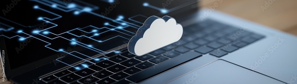 Aufkleber cloud computing concept with laptop, digital network, data storage, and abstract technology backgrou