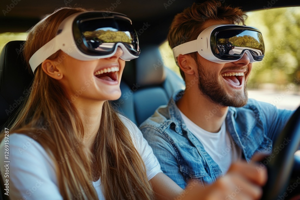 Aufkleber a pair of people experiencing virtual reality together, sitting in front of a computer or console