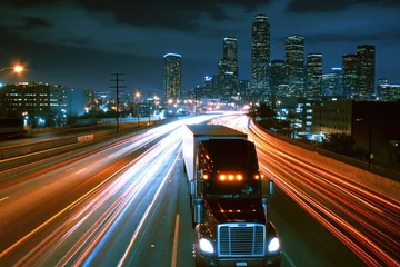  A semi truck travels along a highway under the stars, perfect for nighttime or transportation-themed uses © Ева Поликарпова