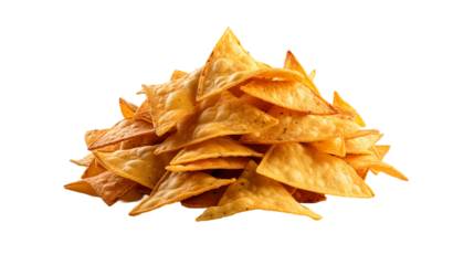 Golden Tortilla Chips Crispy Mexican Snack, Delicious Corn Flavor for Diet Meals, isolated on transparent background.