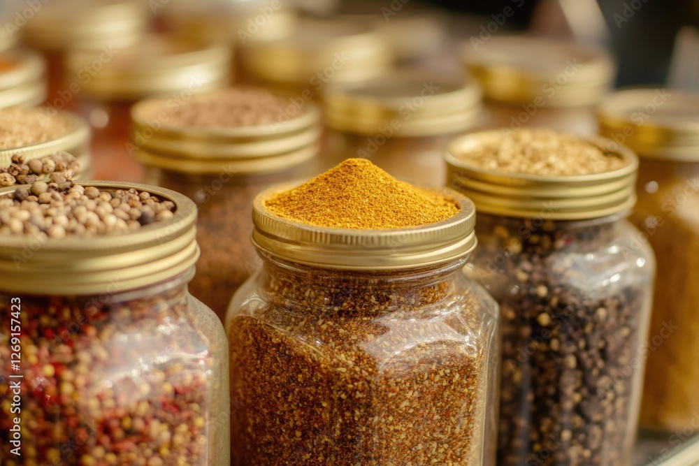 Aufkleber assorted spice jars on display